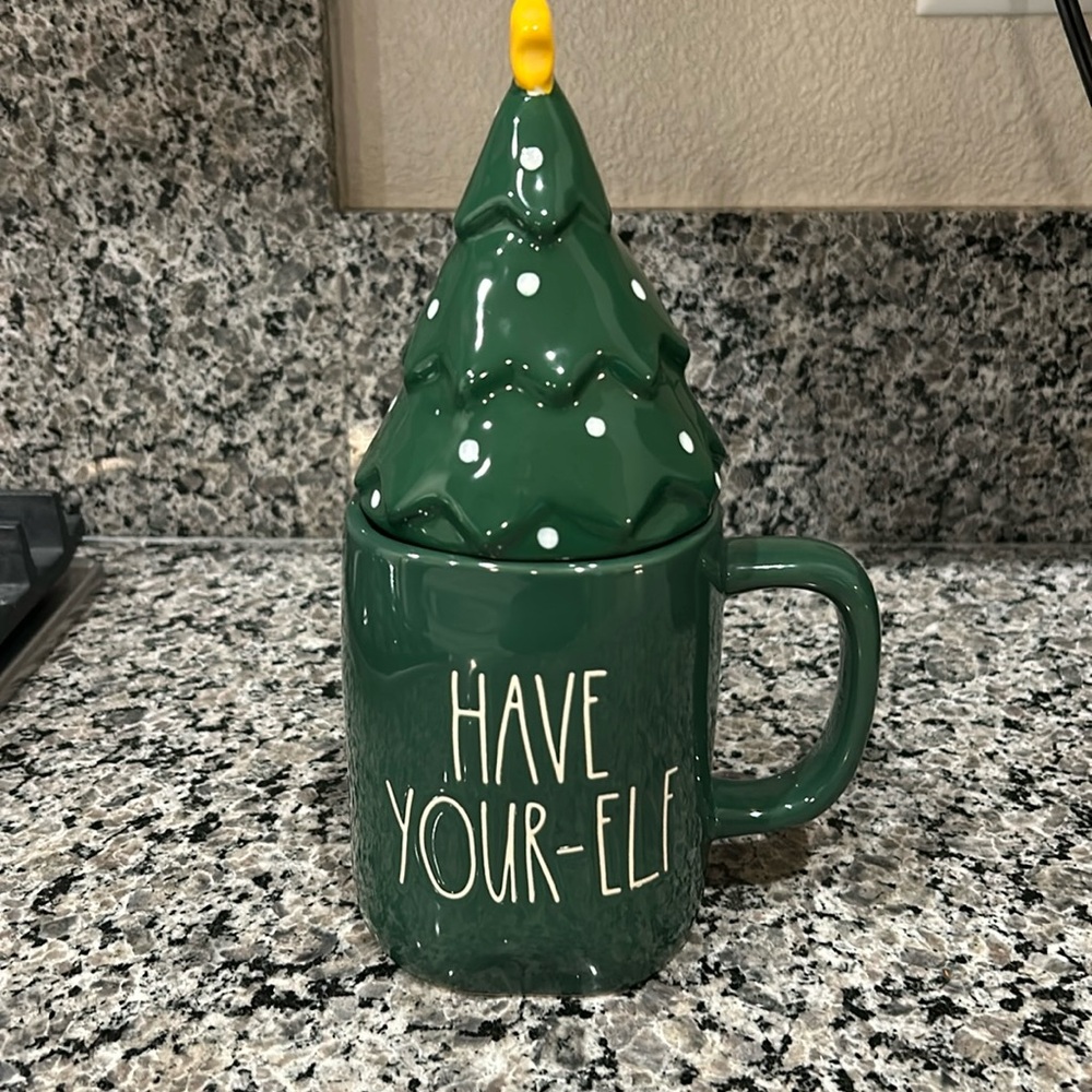 Rae Dunn Christmas Tree mug and lid, new, no tags